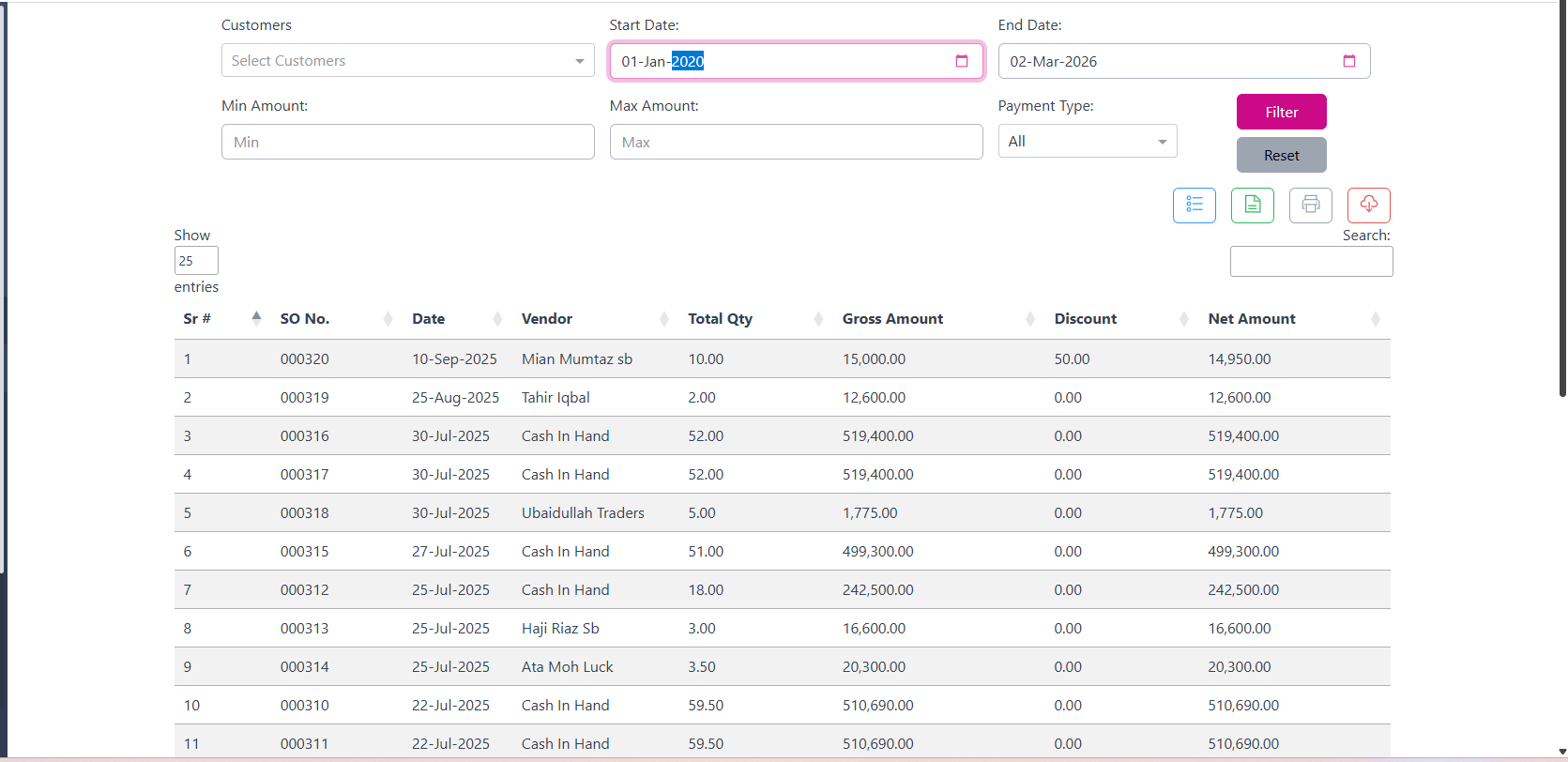 Belancia inventory and sales screen